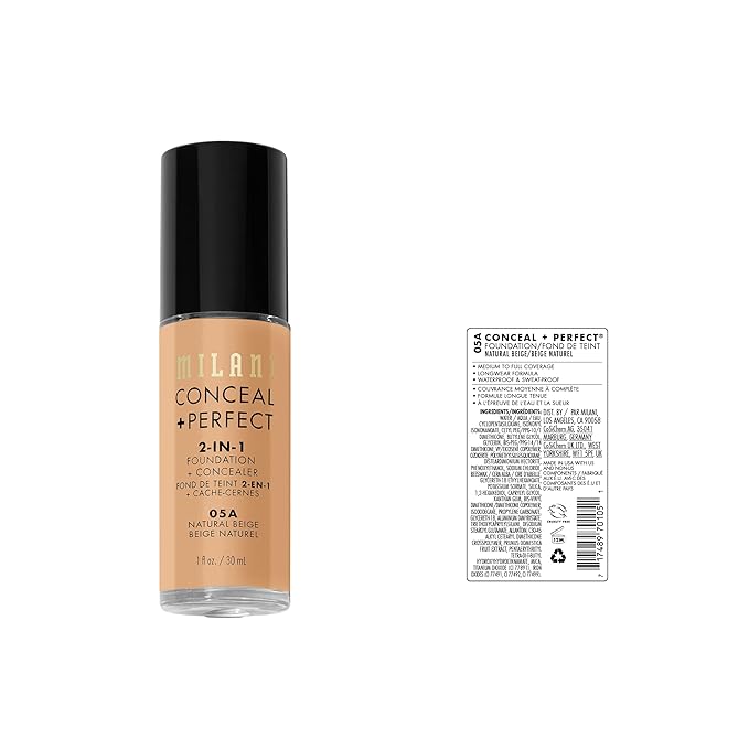 Milani Conceal + Perfect 2-in-1 Foundation + Concealer - Natural Beige (1 Fl. Oz.) Cruelty-Free Liquid Foundation - Cover Under-Eye Circles, Blemishes & Skin Discoloration for a Flawless Complexion