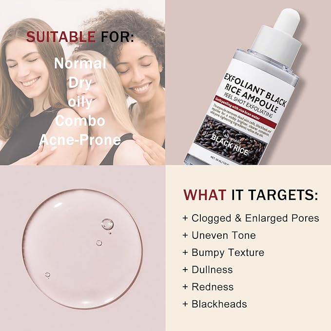 Black-Rice Peeling Ampoule, Black Rice Exfoliant Face Scrub, Peel Shot Glow Rice Ampoule Duo, Face Exfoliator Pore Minimizer for face, Dead Skin Remover for Body & FAce, Moisturizing, Smooth