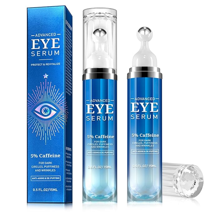 5% Caffeine Eye Cream for Dark Circles and Puffiness, Under Eye Serum for Wrinkles, Eye Serum for Under Eye Bags Fine Lines with 360° Eye Massage Ball, Morning Night Eye Skin Care for Men and Women