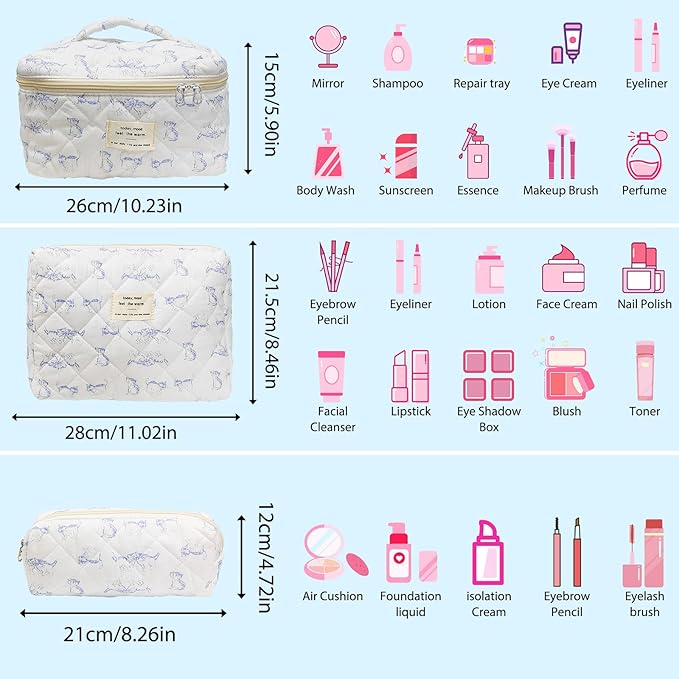 3 Piece Blue Quilted Makeup Bag, Large Capacity Travel Cosmetic Bag for Women and Girls, Aesthetic Storage for Daily and Travel Use (3pcs-BlueCatAnimal)