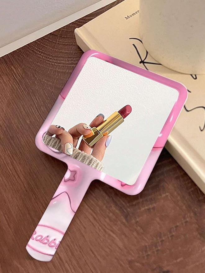 2pcs Cute Pink Rabbit Handheld Makeup Mirror Kawaii Bunny Square Glass Portable Cosmetic Mirror for Skincare Travel (2pCS)