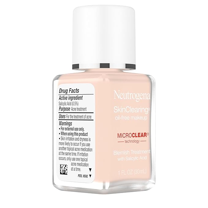 Neutrogena SkinClearing Oil-Free Acne and Blemish Fighting Liquid Foundation with.5% Salicylic Acid Acne Medicine, Shine Controlling Makeup for Acne Prone Skin, 20 Natural Ivory, 1 fl. oz