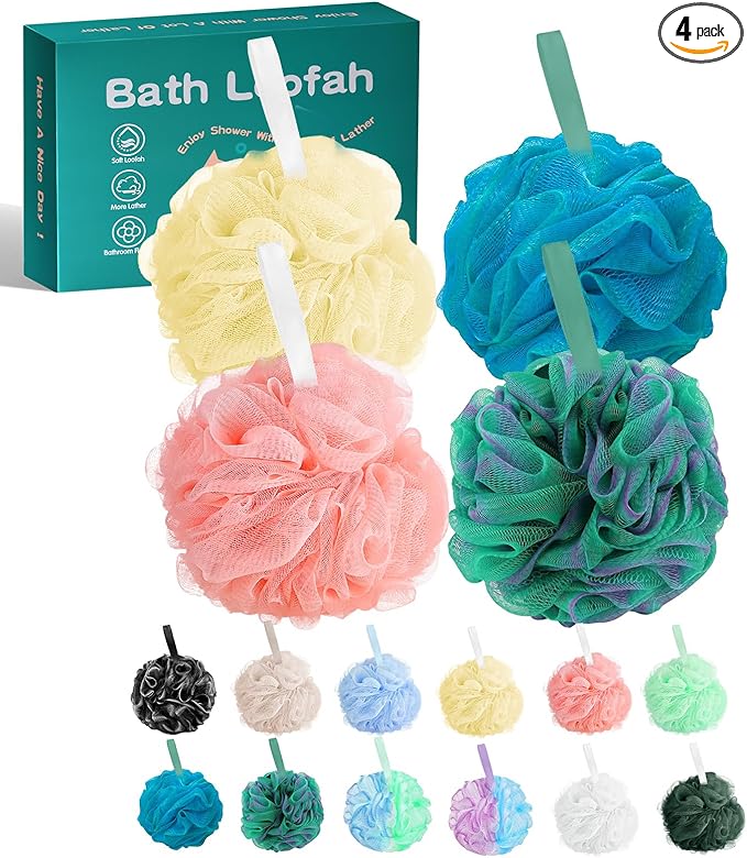 Amazerbst 4 Pack Bath Sponges Mesh Balls Shower Loofahs Wash Back Body Cleaning Scrubber Exfoliator Loofah Sponge Bathing Accessories Women Men