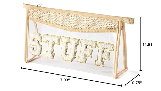 Boho Patch STUFF Cosmetic Bag - Summer Preppy STUFF Chenille Varsity Letter Toiletry Makeup Bag Clear Waterproof Travel Beach Makeup Pouch PVC Zipper Clutch Daily Use Purse for Women Girls