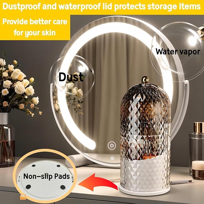 Makeup Brush Holder with Lid，Makeup Brush Storage Box with Diamond Pattern，360 Rotating Waterproof and Dustproof Beauty Brushes Storage for Vanity Bathroom,White