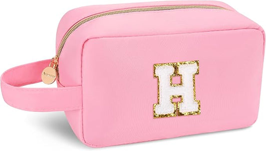 Aveniee Initial Makeup Bag for Women,Monogram Travel Makeup Bag Organizer With Handle,Preppy Cosmetic Travel Toiletry Pouch,Birthday Gifts for Teen Girls Sister Best Friend-Pink H