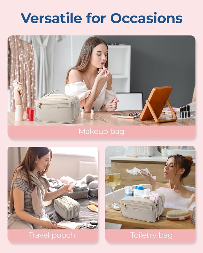BAGSMART Travel Makeup Bag Large Capacity Cosmetic Bag, Wide-open Portable Make Up Bag Organizer for Women for Travel Essentials Travel-Size Toiletries Accessories Bottles, Brushes (Warm Gray)
