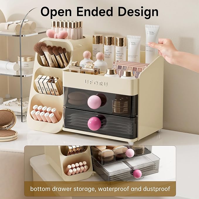Makeup Organizer for Vanity, Countertop Organizer With Drawers, Spacious Cosmetic Display Case for Beauty Essential, Skincare, Lipstick, Cream White&Pink