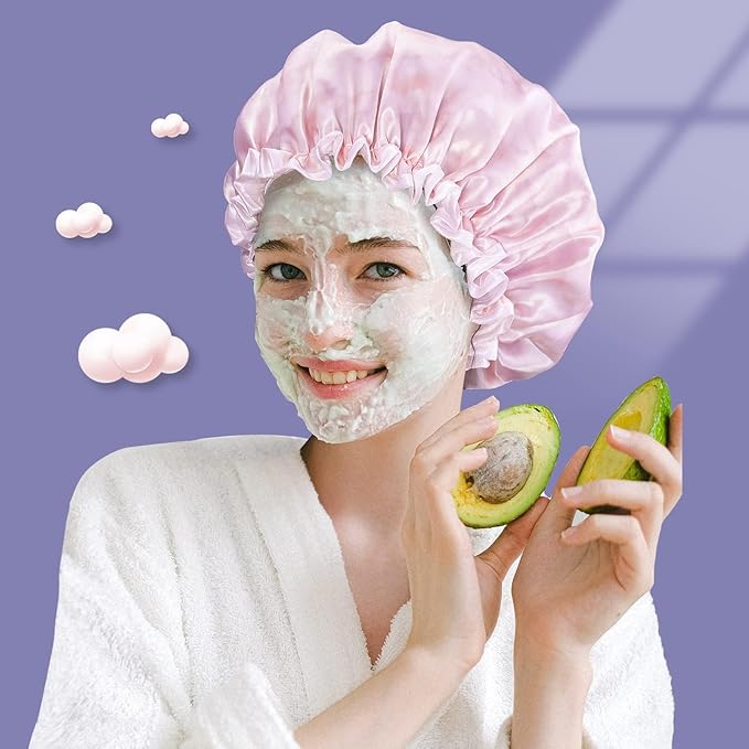 Aquior Shower Caps, Reusable Shower Cap for Women, Double Layer Waterproof Bonnet Hair Cap, Large Size for All Hair Lengths,for Girls Spa Home Salon Use (Pink Cloud)