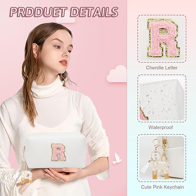 Birthday Gifts for Women Her,Travel Cute Makeup Bag,Large Capacity Cosmetic Bags for Women Makeup Pouch PU Leather Waterproof Cosmetic Bag (R, White)