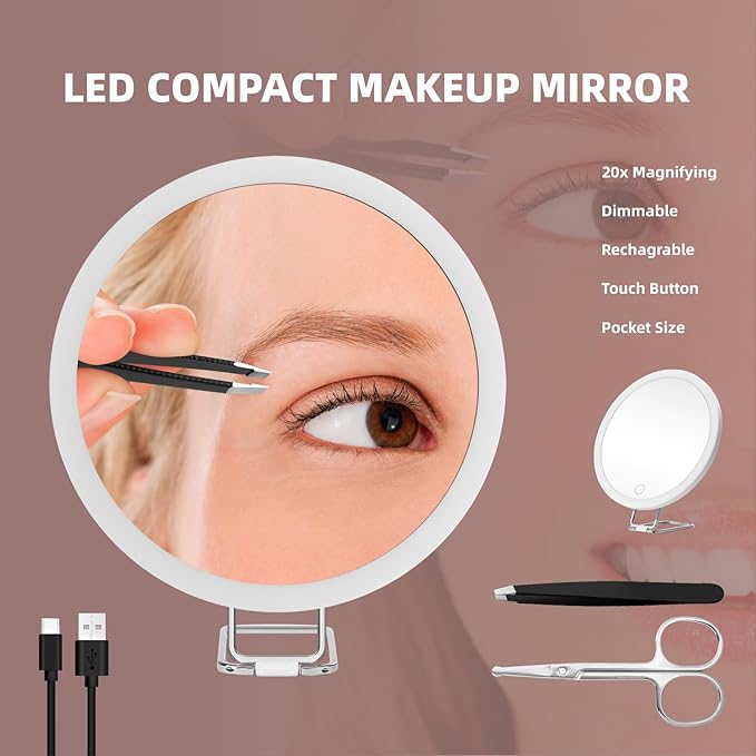 20X Magnifying Mirror with Lights, 6inch Makeup Magnified Mirror 20x Lighted Travel Magnification with 3 Suction Cups and 360° Adjustable Stand- Includes Tweezers & Scissors