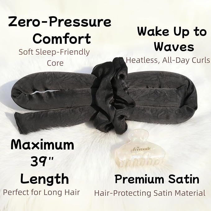 Serenade Textured Satin Heatless Curls Overnight, Heatless Hair Curler Curling Set for Women and Girls to Sleep in, with 2 Satin Scrunchies and 1 Clip for Overnight Curls, Black