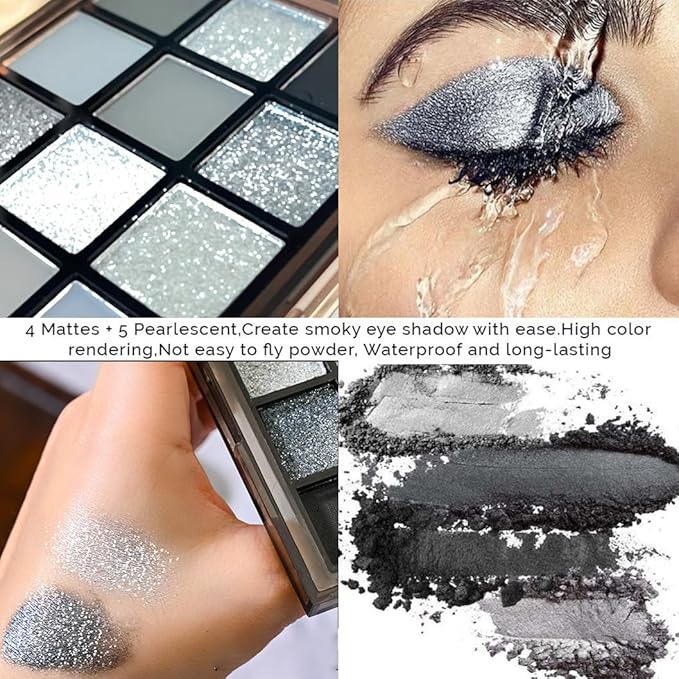 Black Smoky Eye shadow Palette, 15 Colors True Black Dark Grey Smokey Goth Makeup Pallet, 15 Soft Matte Shimmer High Pigmented Basic White Gray black eyeshadow for woman