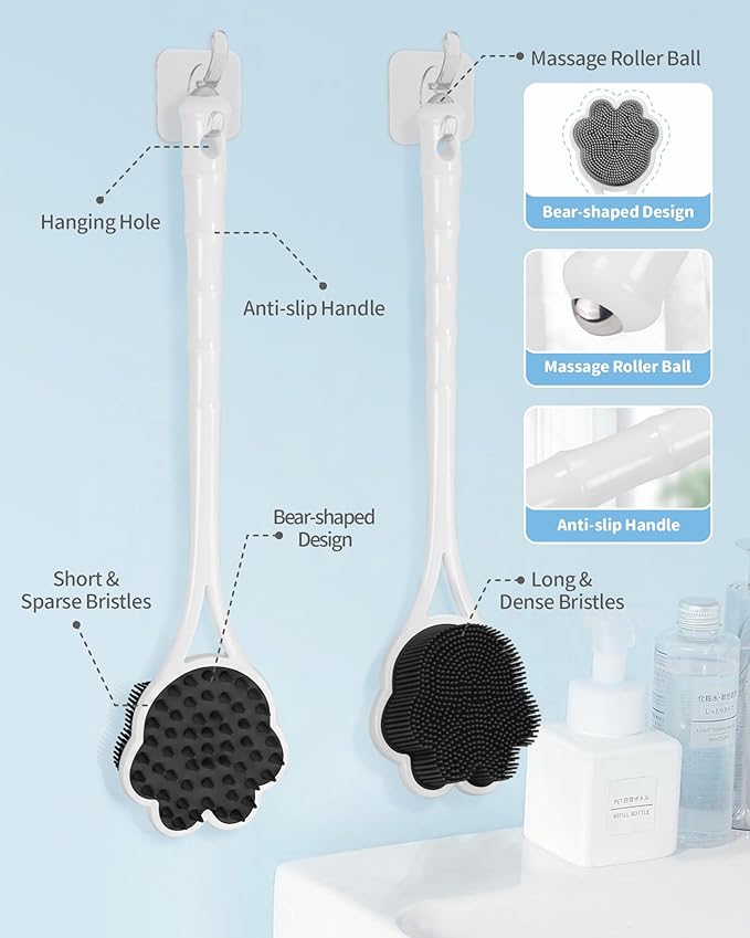Manmihealth 15.7" Cute Silicone Body Scrubber & Soft Shower Brush Face Scrubber Set (3 PCS), Paw-Shaped Silicone Back Brush & Body Facial Scrubber with Super-Soft Bristles Combination(BlackSet)
