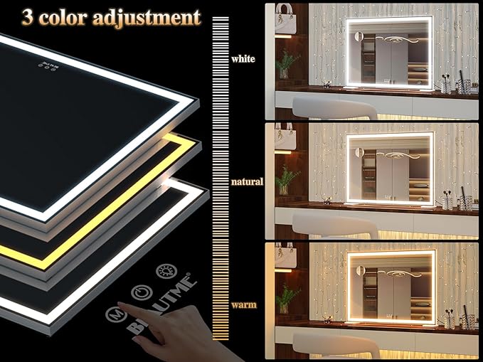 ANYHI Large Vanity Mirror with Lights, 36.2" x 26.8" Makeup Mirror with LED Lights, Tabletop or Wall Mount, 3 Color Modes, Dimmable, Touch Control, White