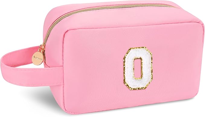 Aveniee Monogram Makeup Bag for Women,Initial Travel Cosmetic Toiletry Bag,Cute Preppy Makeup Bag,Christmas Halloween Birthday Gifts for Mom Wife Sister Teacher-Pink O