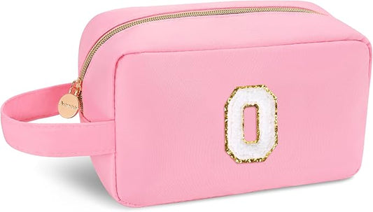 Aveniee Monogram Makeup Bag for Women,Initial Travel Cosmetic Toiletry Bag,Cute Preppy Makeup Bag,Christmas Halloween Birthday Gifts for Mom Wife Sister Teacher-Pink O