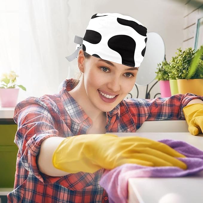 2 PCS Bouffant Cap with Button Ponytail Pouch Working Cap Sweatband Adjustable Surgical Cap Black and White Cow