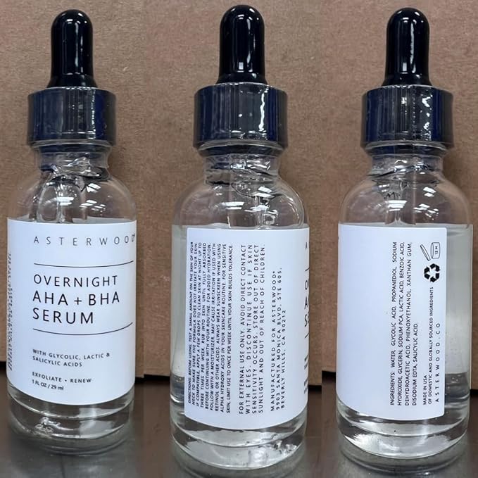 Asterwood Overnight Exfoliating Serum - AHA (Lactic Acid & Glycolic Acid) - BHA (Salicylic Acid) - Supports Improvement of Hyperpigmentation, Dark Spots - Fragrance-Free - 1 Fl Oz