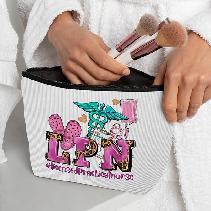 Ayxvt LPN Licensed Practical Nurse Corduroy Cosmetic Bag,Retro Gorgeous Pink Leopard Clipart Decorative Makeup Bag Zipper Pouch Toiletry,Nurse's Day Nurse Graduation Gifts for Women Girls（Corduroy）