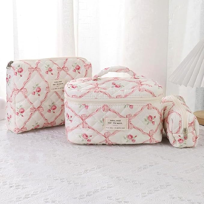 3 Pcs Quilted Makeup Bag Set,Coquette Bow Make up Bag,Cute Floral Makeup Bags Large Toiletry Cosmetic Bag Organizer for Women Girls (H-3PCS)