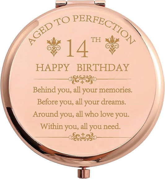 2009 14th Birthday Gifts for Girl Daughter Classmate Friend Stainless Steel Rose Gold Compact Pocket Travel Makeup Mirror 14 Years Old Inspiration Gift Behind You All Your Mermories with Gift Box