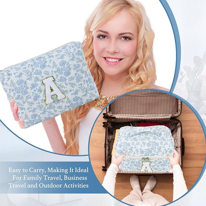 3 Pcs Travel Initial Quilted Makeup Bag set, Toiletry Personalized Floral Makeup Bag Birthday Gifts for teens girls and women, Cosmetic bags makeup organizer bag set-A