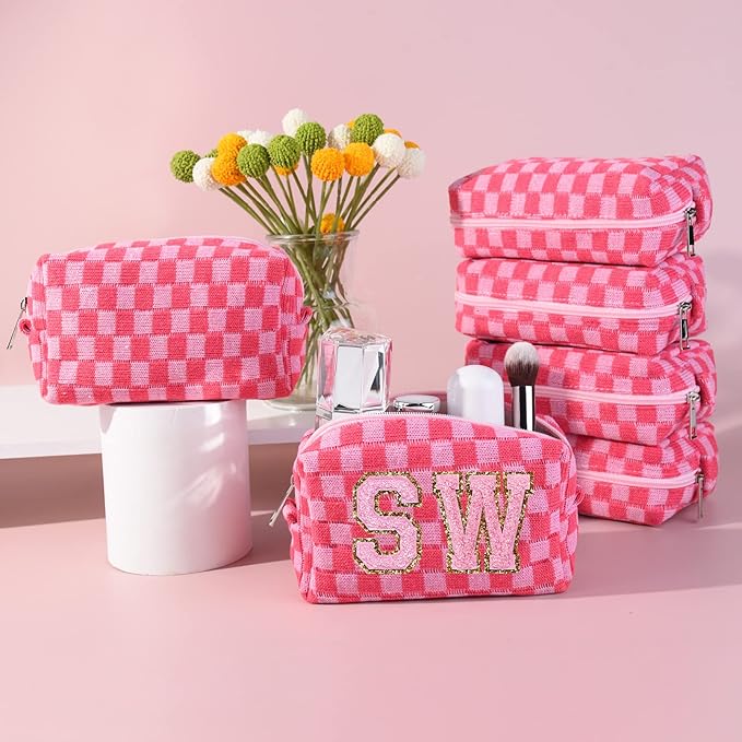 6 Pcs Preppy Makeup Bag Bulk Checkered Cosmetic Bag Pink Makeup Pouch Personalize Travel Toiletry Bag Organizer Cute DIY Makeup Brushes Storage Bag for Women