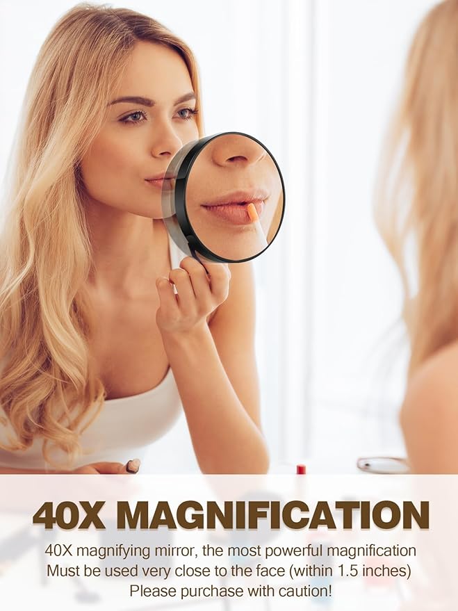 40X Magnifying Mirror with 2 Suction Cups, 3.5 inches Magnified Makeup Mirror and Slant Tweezers,Black,1PC