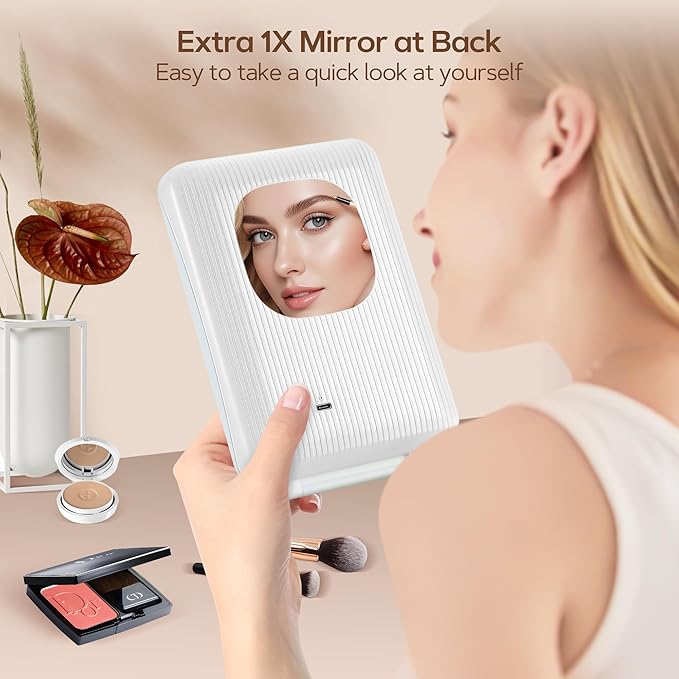 2 in 1 64 LED Travel Magnifying Mirror with Light, Portable 20X/1X Lighted Makeup Mirror with Rechargeable 1000mAh Battery, 3 Colors Dimmable Lighting Folding Cosmetic Vanity Mirror
