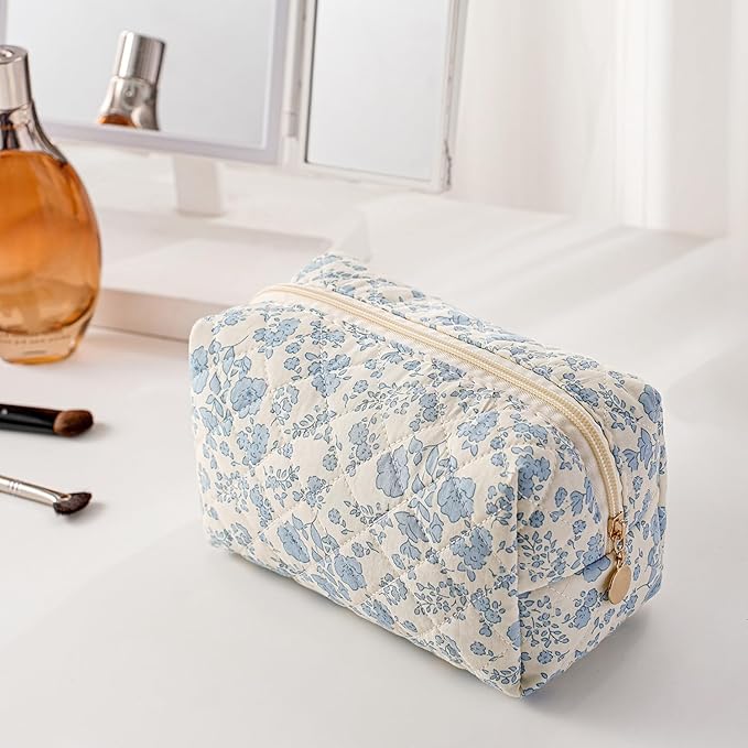 Gleyemor Small Quilted Makeup Bag for Women, Cute Floral Bow Cosmetic Bag, Emergency Bag Travel Toiletry Cotton Pouch Gifts for Girls Her Mom Friend Sister Bridesmaid (Blue Floral)