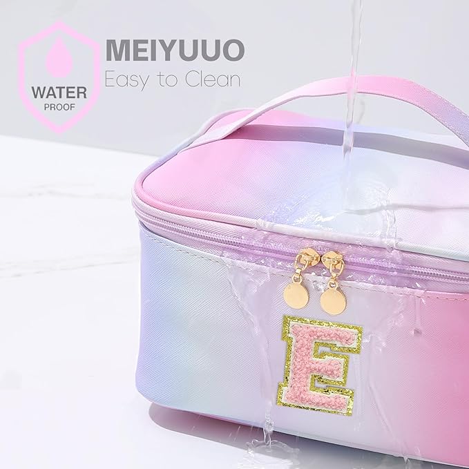 Meiyuuo Makeup Bag for Women Large Cosmetic Bags Travel Toiletry Bag Birthday Gifts for Girls Preppy Letter Pouch Teen Girl Gifts Trendy Stuff Rainbow Pink with Divider and Handle E