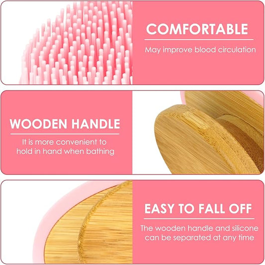 SHIDOW Grade Soft Silicone Body Scrubber Shower Brush, Non-Slip Bamboo Handle Silicone Loofah, Body Scrubber with Soft and Stiff Bristles, Suitable for All Kinds of Skin (1PC Light Blue + 1PC Pink