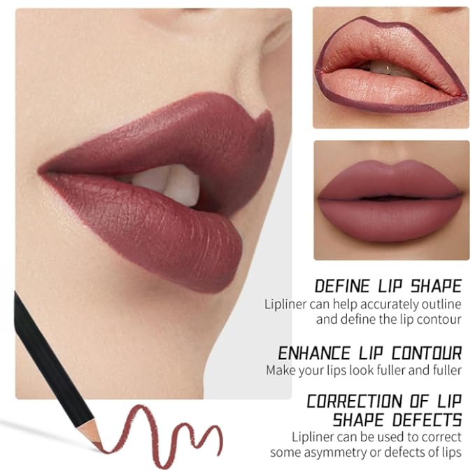 12 Colors Brown Lip Liner Set for Women- Dark Red Nude Waterproof Lip Pencils for Defining & Filling Lips, Long-Lasting Smooth Lip Makeup, High Pigmented Lip Liner Pack