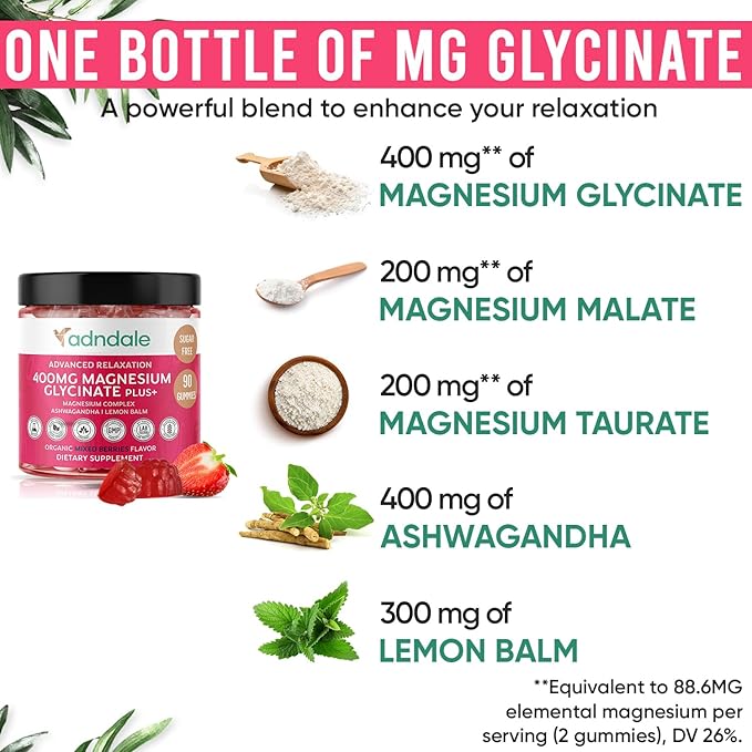 Adndale 90 CT Magnesium Glycinate Gummies 400 mg/Serv with Ashwagandha, Magnesium Malate & Taurate, Sugar Free Chews for Adults & Kids Relaxation, Stress Relief, Night Rest, Muscle & Cardio Support