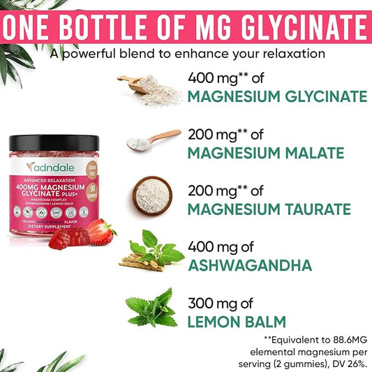 Adndale 90 CT Magnesium Glycinate Gummies 400 mg/Serv with Ashwagandha, Magnesium Malate & Taurate, Sugar Free Chews for Adults & Kids Relaxation, Stress Relief, Night Rest, Muscle & Cardio Support