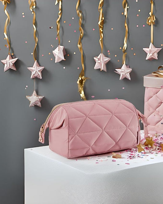 BAGSMART Makeup Bag Travel Cosmetic Bag, Puffy Padded Make Up Bags for Women Makeup Organizer Case, Wide-open Pouch Purse Travel Essentials Toiletries Accessories Brushes, (Dark Pink)