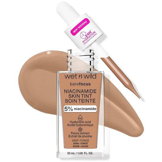 wet n wild Bare Focus Skin Tint, 5% Niacinamide Enriched, Buildable Sheer Lightweight Coverage, Natural Radiant Finish, Hyaluronic & Vitamin Hydration Boost, Cruelty-Free & Vegan - Deep