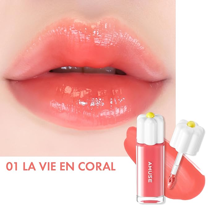 Amuse SEOUL Daisy Flower Dew Tint 01 LA VIE EN CORAL | 35% High-moisture Water Tint, Long-lasting, Vitamin E, Moisturizing, No Peel Off, Lip Treatment, Non Sticky, Korean Lip Tint for Dry Lips