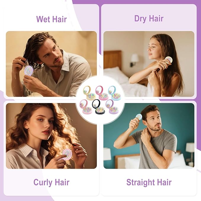 6 Colors Folding Mirror Hairbrush, 2 in 1 Compact Pocket Mirror Comb with DIY Stickers, Round Mini Pocket Makeup Mirror for Travel Women Girls (24 Pcs)