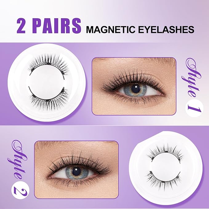 2 Pairs Magnetic Eyelashes with Applicator: Natural Look, Reusable, No Glue Needed, Wendy Lashes, CX0305, 079+B01