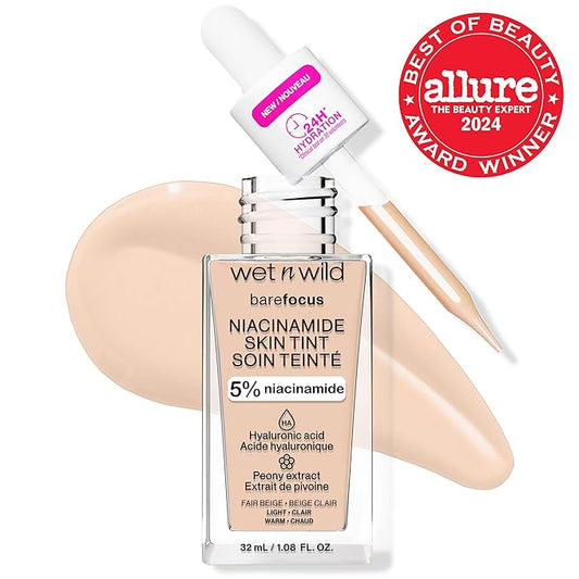 wet n wild Bare Focus Skin Tint, 5% Niacinamide Enriched, Buildable Sheer Lightweight Coverage, Natural Radiant Finish, Hyaluronic & Vitamin Hydration Boost, Cruelty-Free & Vegan - Fair Beige