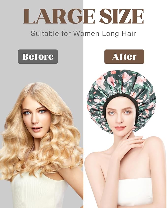 Auban Terry Lined Triple Layer Large Shower Cap for Women, Waterproof Hair Cap