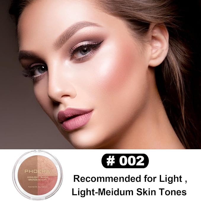 PHOERA Foundation, PHOERA Contour Palette,Shades with Highlighter & Bronzer & Blush,Up to 24 Hour Fresh Wear,PHOERA Concealer Primer Powder (102+ #002 Contour/Nude+#002)