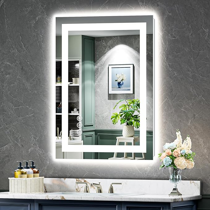 24x32 Inch LED Bathroom Mirror with Lights Front and Backlit Lighted Vanity Mirror for Bathroom Wall with 3 Colors Dimmable Anti-Fog Memory Shatter-Proof IP54 Waterproof Horizontal/Vertical