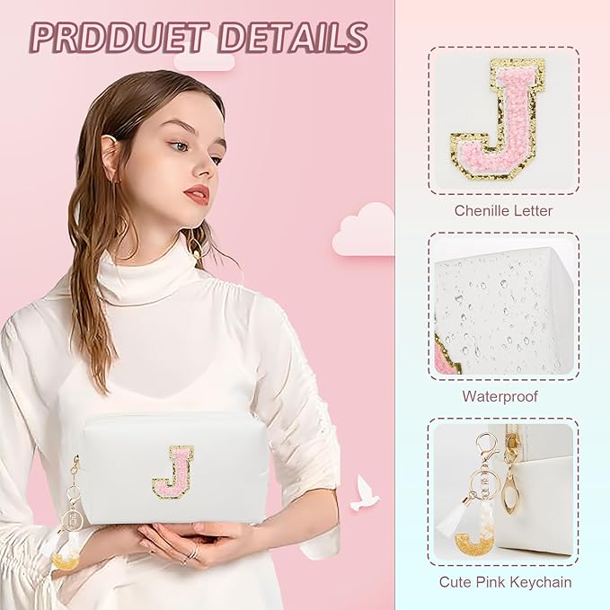 Birthday Gifts for Women Her,Travel Cute Makeup Bag,Large Capacity Cosmetic Bags for Women Makeup Pouch PU Leather Waterproof Cosmetic Bag (J, White)