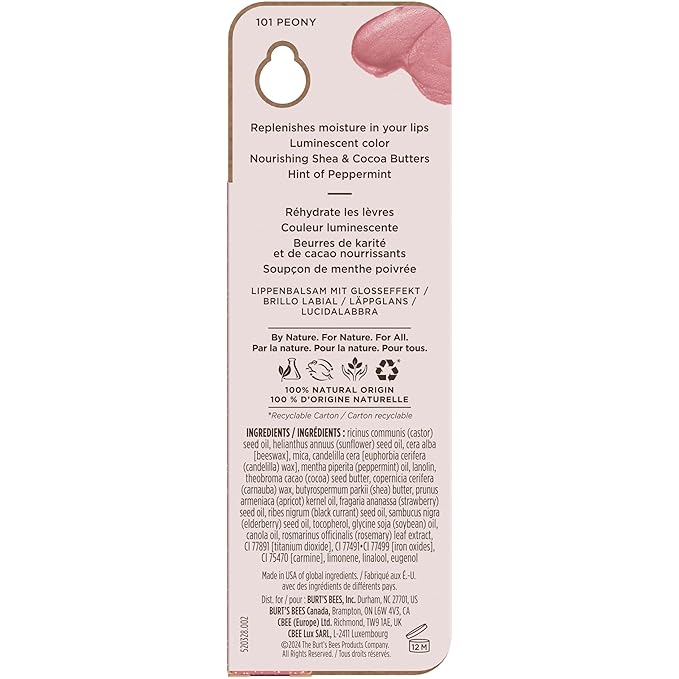 Burt's Bees Lip Shimmer Peony; Warm, Luminescent Color; High Impact, Instant Moisture; with Shea and Cocoa Butters; 100% Natural Origin; 0.09 Ounce (Pack of 1)(Packaging May Vary)