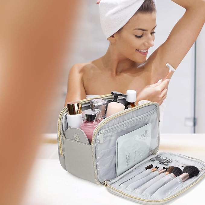 BOOMRICH Large Travel Makeup Bag, Cosmetic Bag, Toiletry Bag for Women, Water-Resistant Leather Toiletry Organizer, Dopp Kit for Toiletries Accessories, Blue Grey