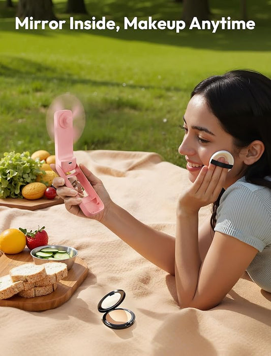 Aecooly Slim Portable Fan with Mirror, Thin Handheld Fan, USB Rechargeable Mini Personal [24H Max Cooling Time], Battery Powered Small Foldable Pocket for Travel, Lash, Makeup, Gifts for Women -Pink