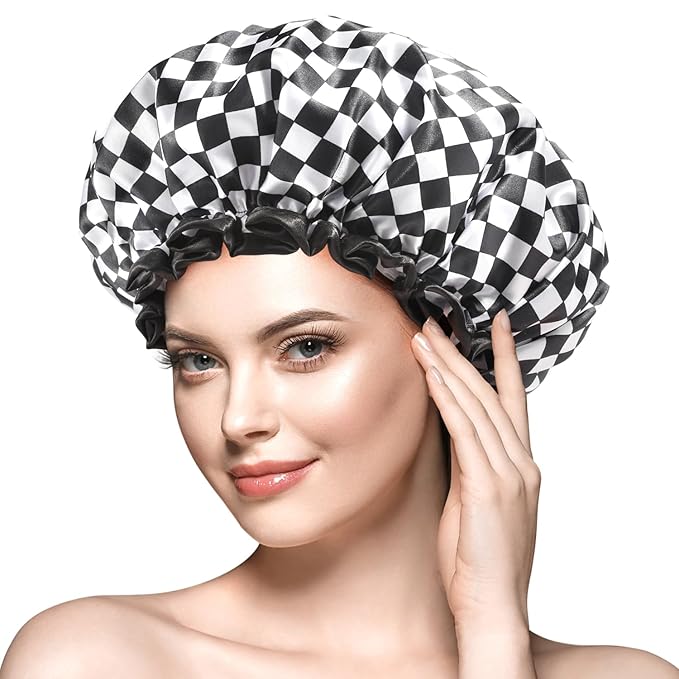 mikimini Large Shower Cap for Women Long Hair, Reusable, Double Layers Waterproof Large Bathing Shower Hat with Soft Comfortable PEVA Lining, Non-Fading, Stretchy & Shower Caps ,Checkerboard (Pack of 1)